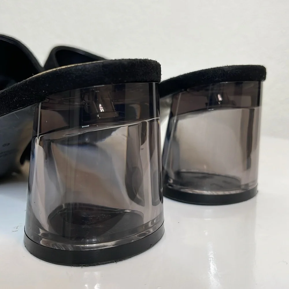 ZARA BLACK FAUX SUEDE SLIDE SANDALS LUCITE ROUND HEEL OPEN TOE MINIMALIST MULES - Picture 10 of 14